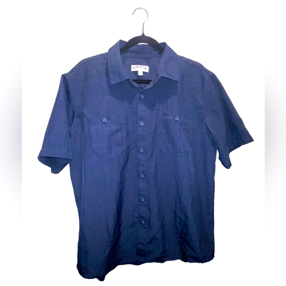 Men’s Orvis Short Sleeve Button Down Shirt Dark Blue Excellent Condition Large